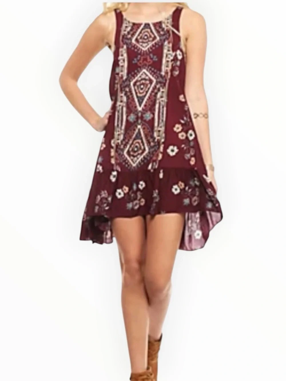 FREE PEOPLE Intimately Annka Boarder Slip Dress Plum Floral Geo Tank Swing XS S